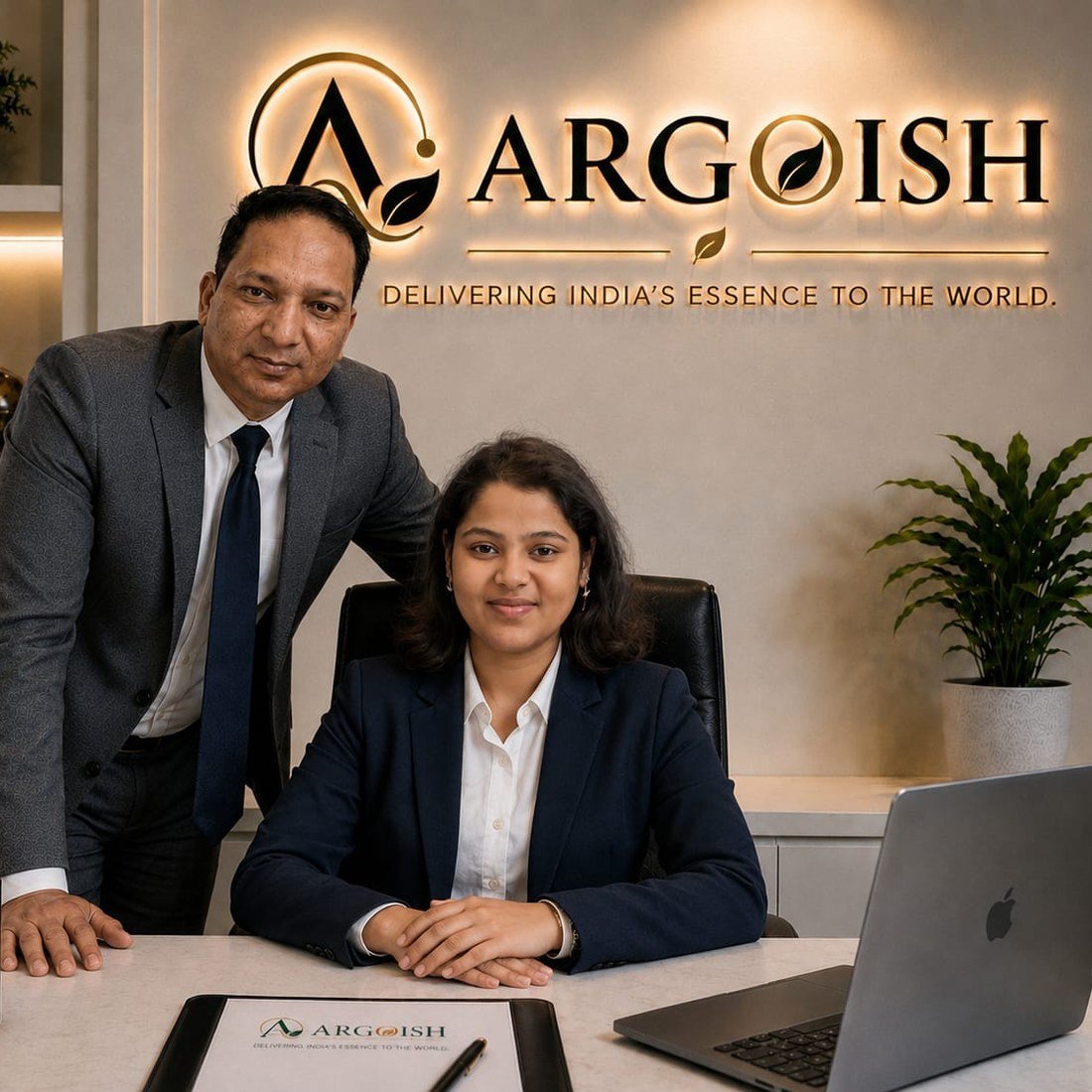 The Argoish team at the company office in Dadri, beneath the Argoish wall sign